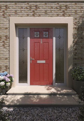 Red entrance door with sidelights