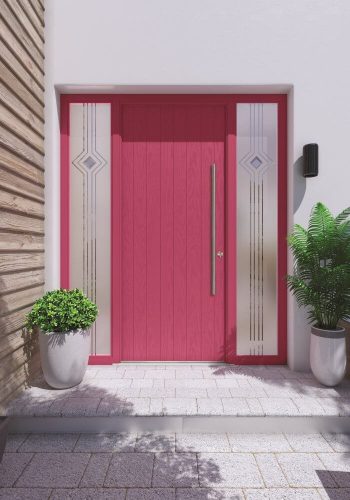 Red front door with two decorative sidelights